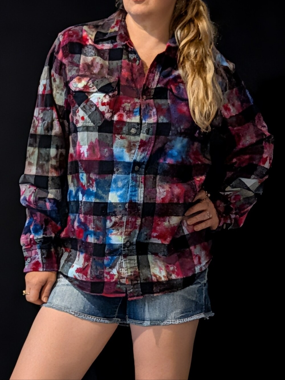 Custom Tiedye Button Down Plaid Long Sleeve Shirt